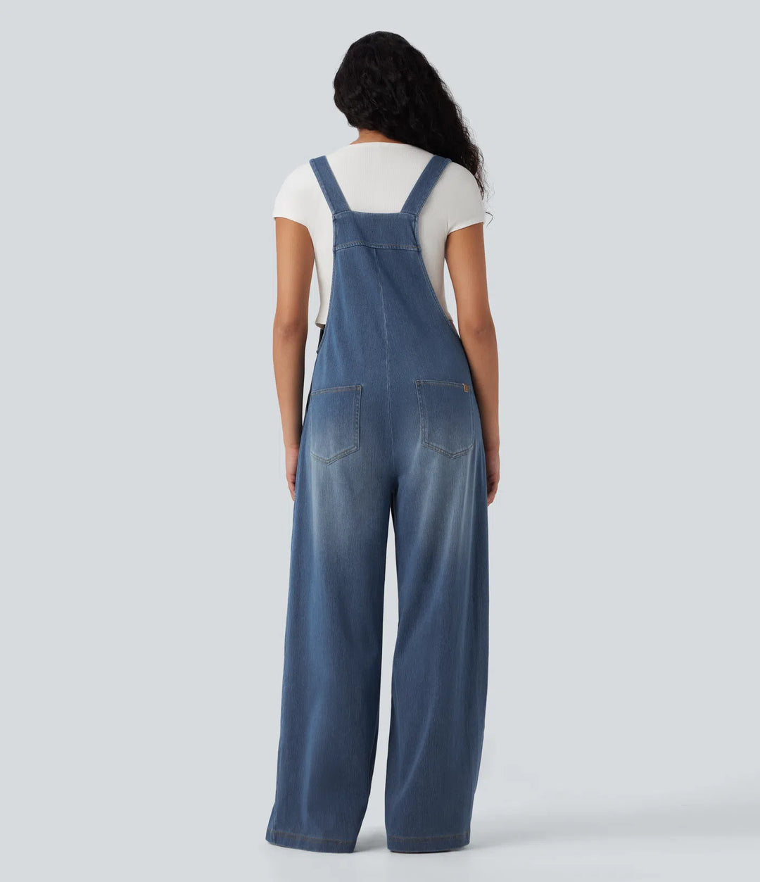 Halara Flex Square Neck Washed Denim Casual Dungarees with Pockets