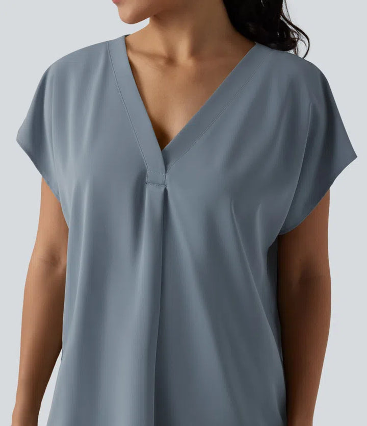 Wrinkle Recovery V-neck Short Sleeve Oversized Work Blouse