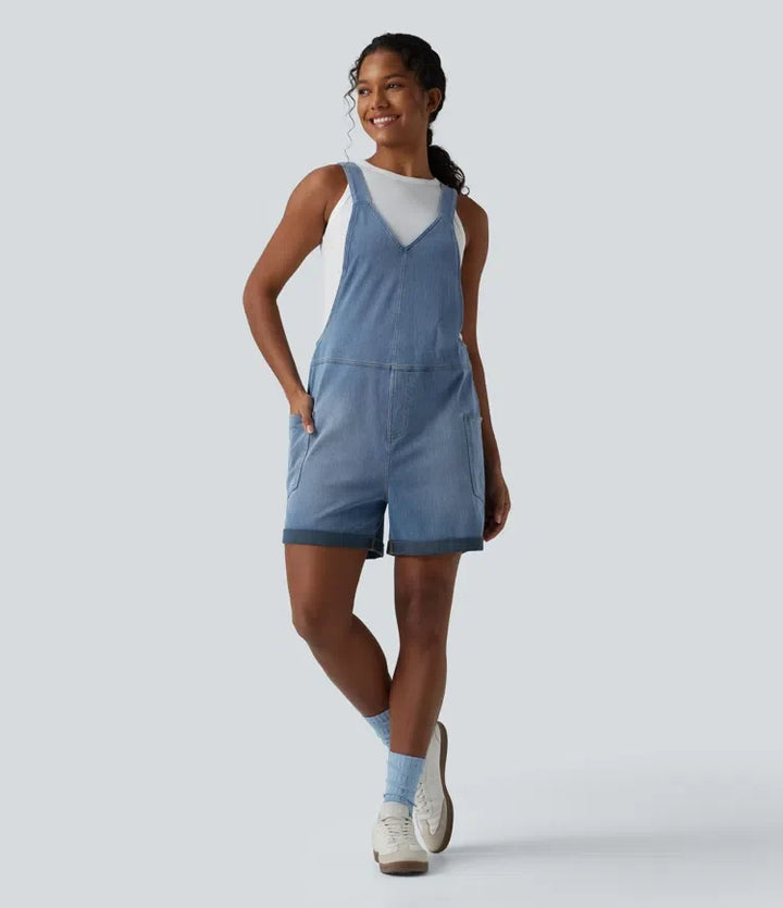 Halara Flex V Neck Rolled Hem Washed Denim Casual Short Overalls with Pockets