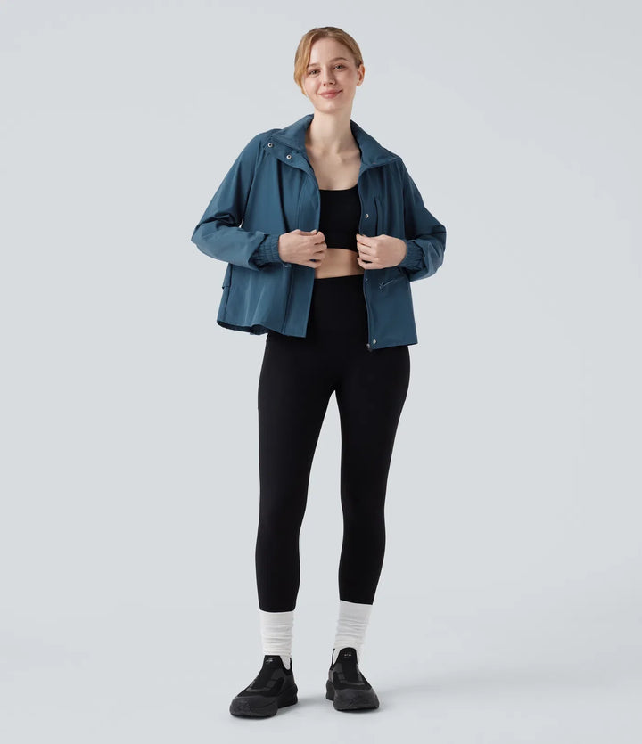 Stowable Hood Drawstring Contrast Mesh Ruffle Hem Workout Jacket with Pocket