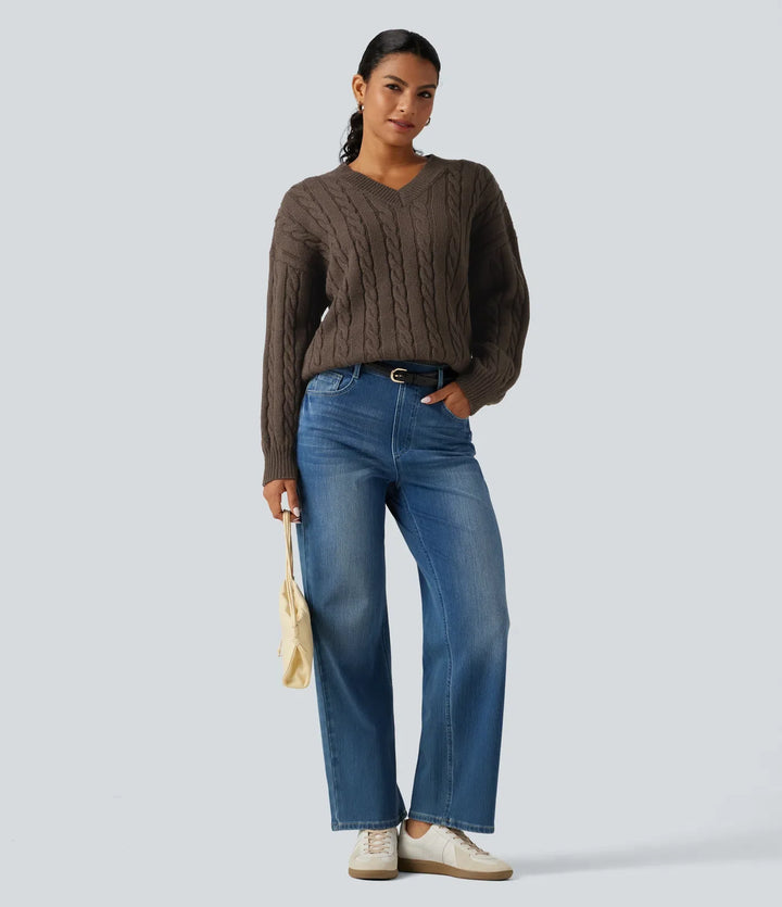 V Neck Dropped Long Sleeve Cable Knit Casual Wool-Blend Jumper