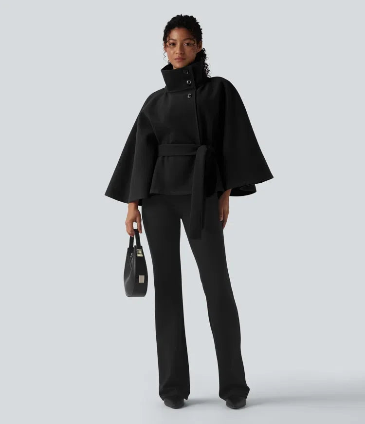 High-neck Long Sleeve Belted Work Cape Coat