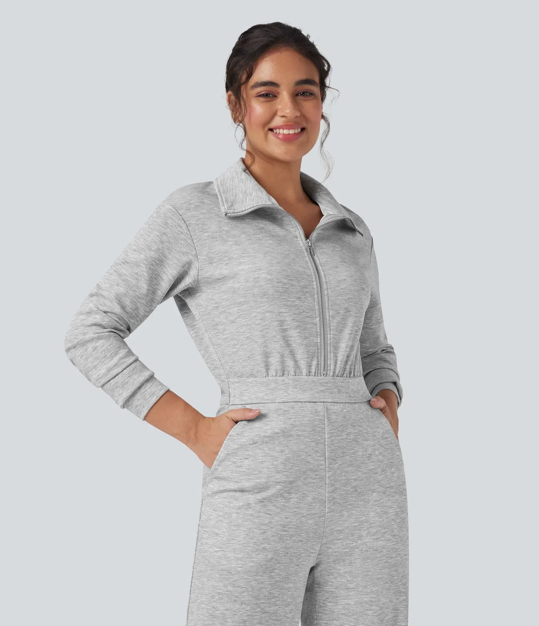 Lapel Zip Long Sleeve Casual Jumpsuit with Pockets-Easy Peezy
