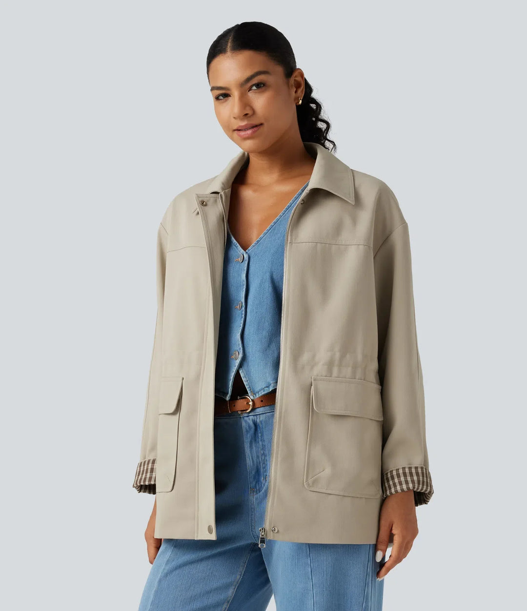 Long Sleeve Adjustable Drawcord Work Jacket with Pockets