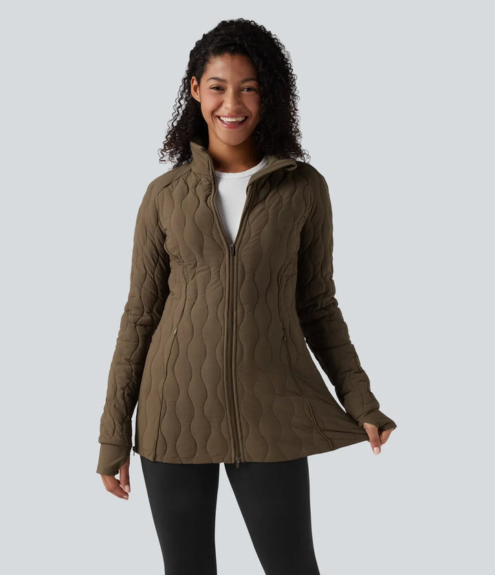PuffFlex High Neck Long Sleeve Thumb Hole Zipper Workout Quilted Jacket with Pockets