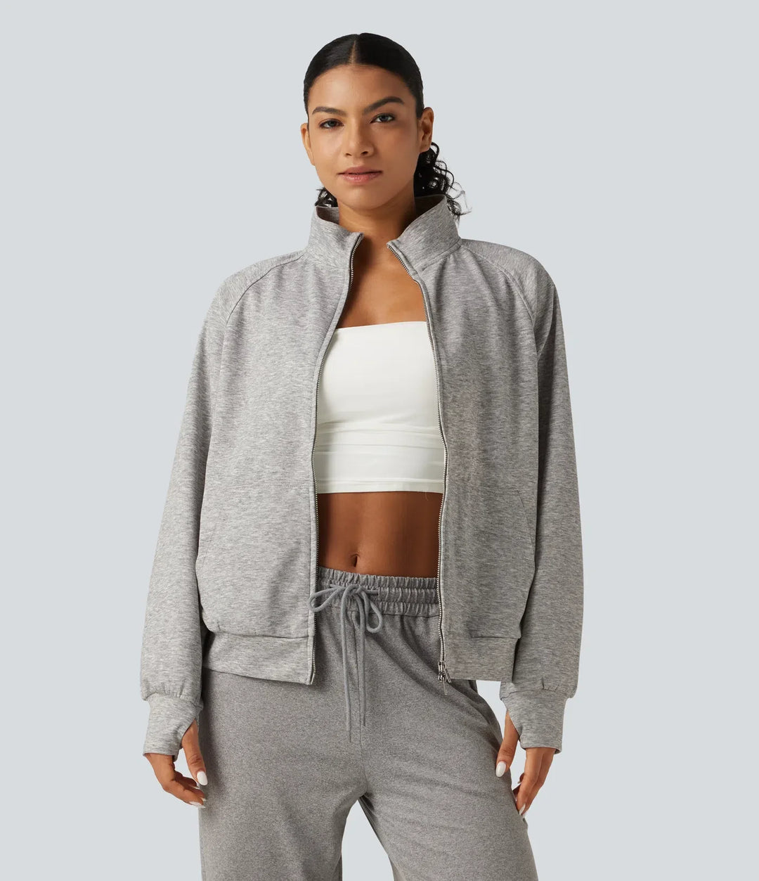 High Neck 2-Way Zipper Long Sleeve Thumb Hole Casual Jacket with Pockets