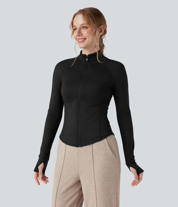 3-in-1 Stand Collar Long Sleeve Thumb Holes Jacket &amp; Drawstring Hem Sherpa Jacket with Pockets