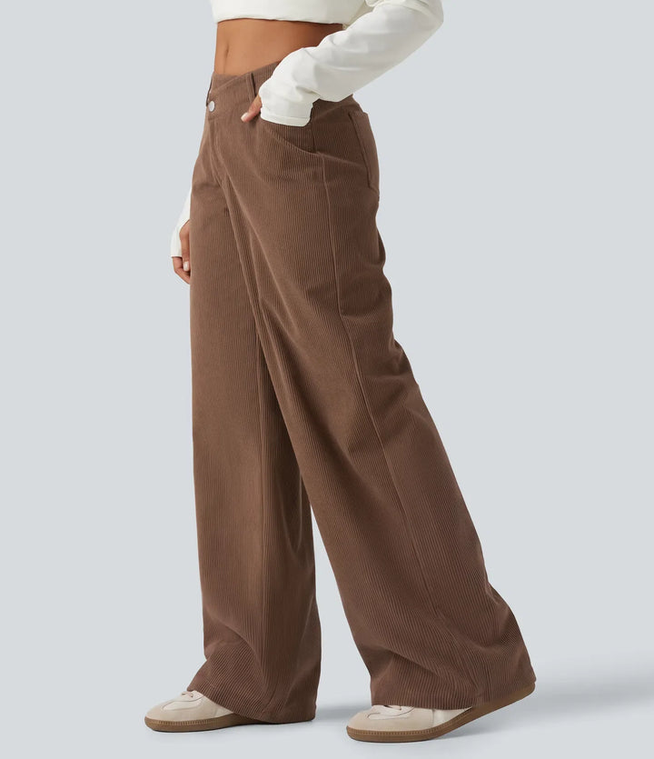 Mid Rise Asymmetric Wide Leg Corduroy Casual Trousers with Pockets