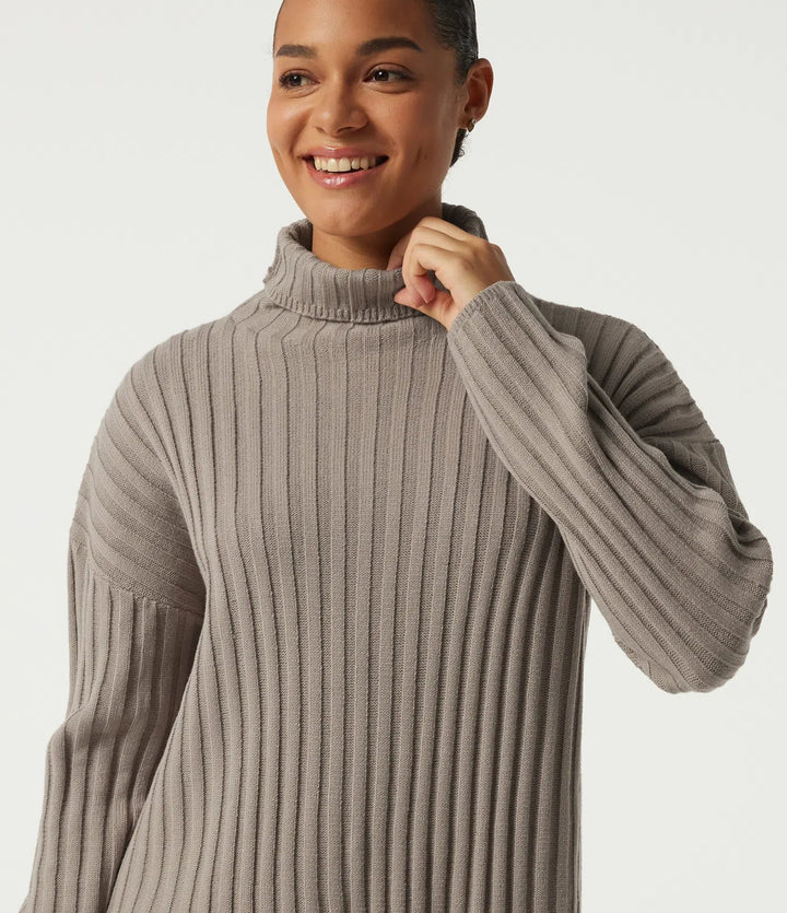 Ribbed Knit High Neck Dropped Long Sleeve Work Jumper