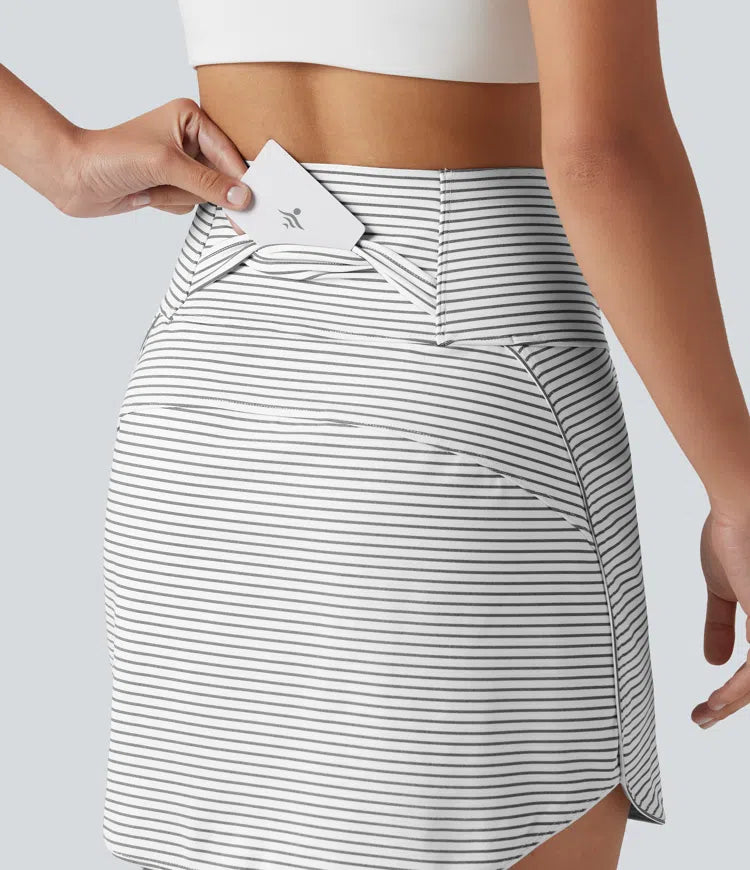 Ultra High-Waist Tummy Control Curved Hem 2-in-1 Stripes Golf Mini Skirt with Pockets