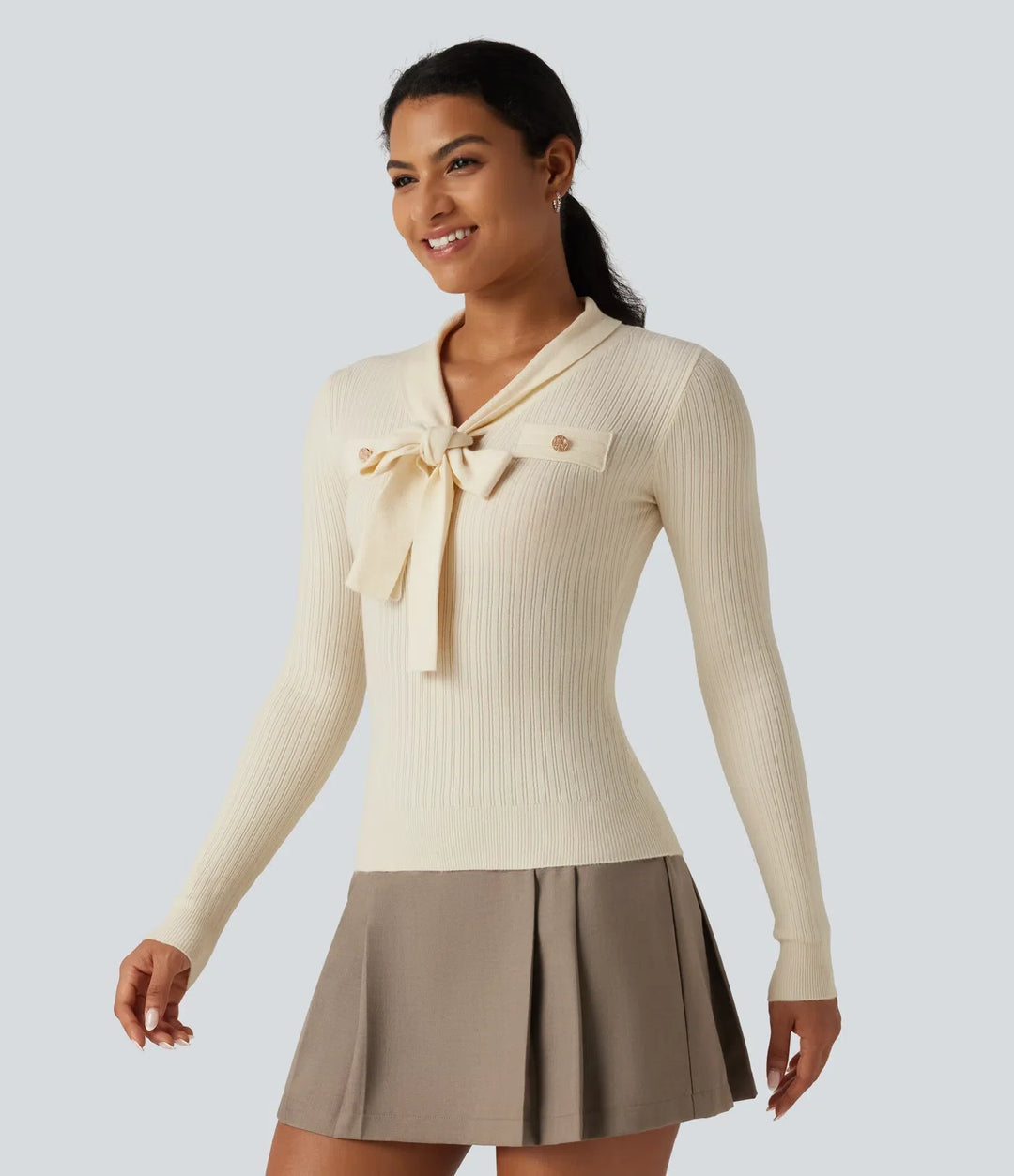 V Neck Long Sleeve Tie Front Slim Work Jumper
