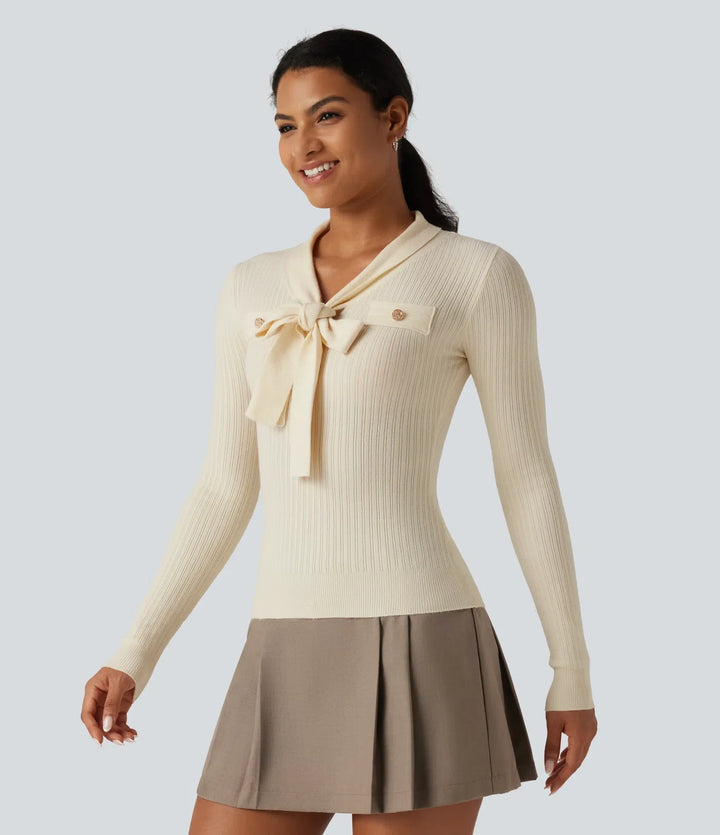 V Neck Long Sleeve Tie Front Slim Work Jumper