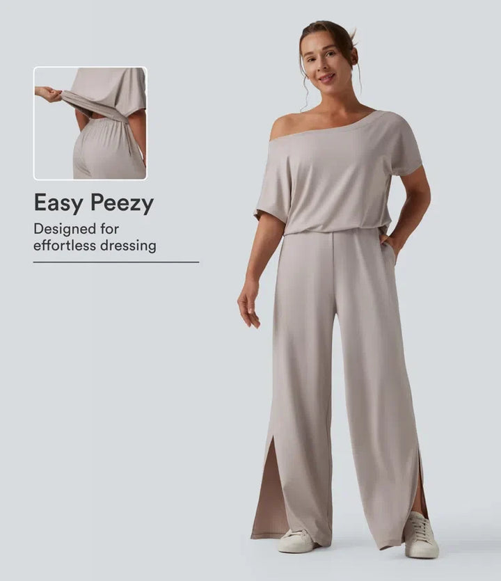 One-shoulder Short Sleeve Split Hem Casual Jumpsuit with Pockets-Easy Peezy