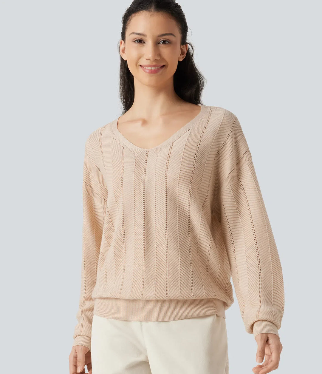 V Neck Long Sleeve Casual Wool-Blend Jumper
