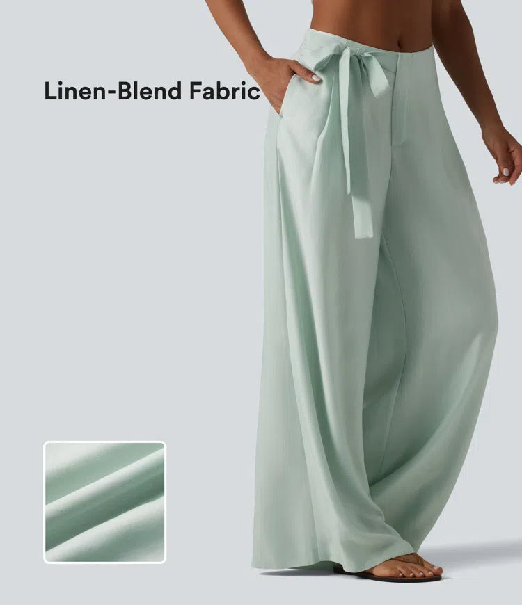 High Waisted Tie Side Baggy Linen-Blend trousers with Pockets