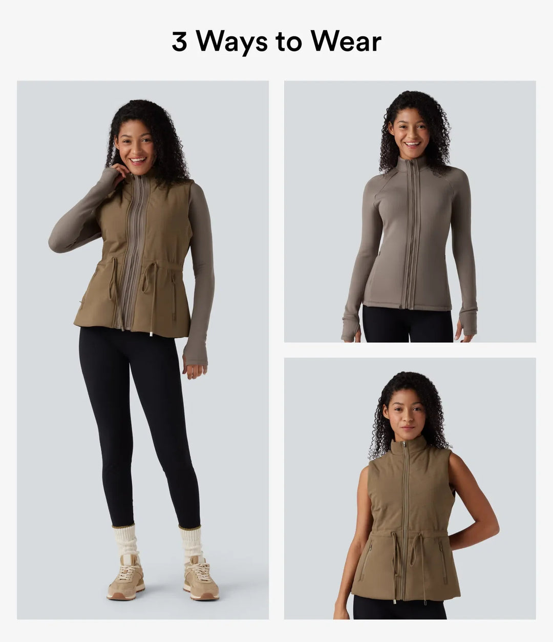 PuffFlex 3-in-1 High-Neck Long Sleeve Thumb Holes Fleece Jacket &amp;Quilted Vest with Pockets