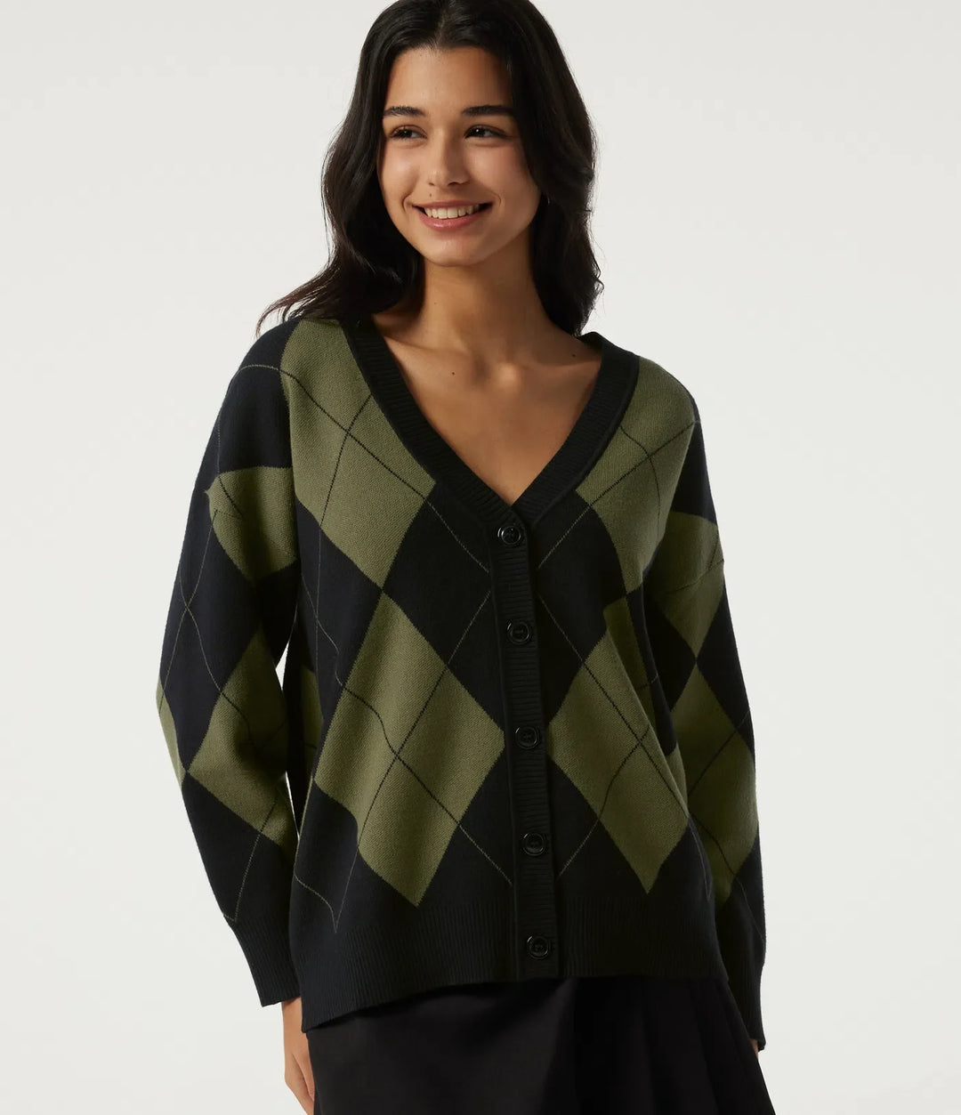 V Neck Long Sleeve Diamond Check Casual Cardigan