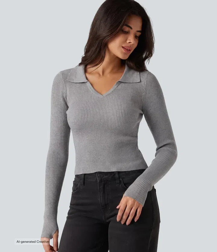 Lapel Long Sleeve Thumb Hole Work Jumper