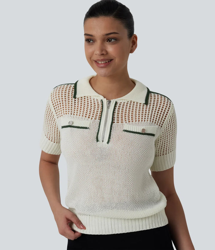 Half Zip Short Sleeve Cut Out Color Block Casual Jumper