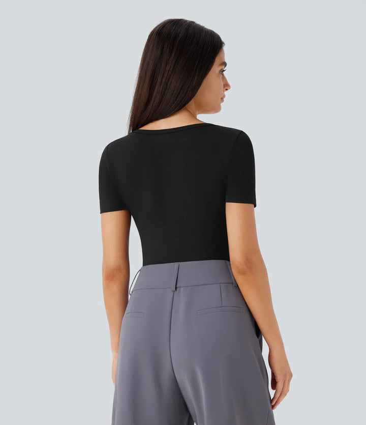 U Neck Short Sleeve Snap Button Skinny Work Bodysuit