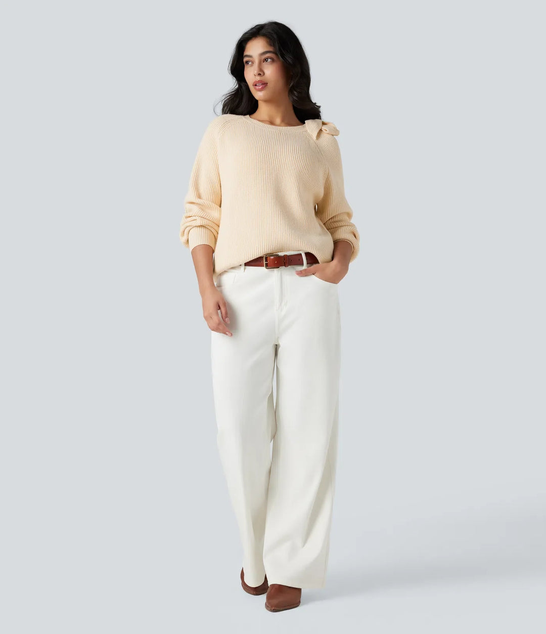 Round Neck Tie Side Long Sleeve Jumper Knit Casual Top