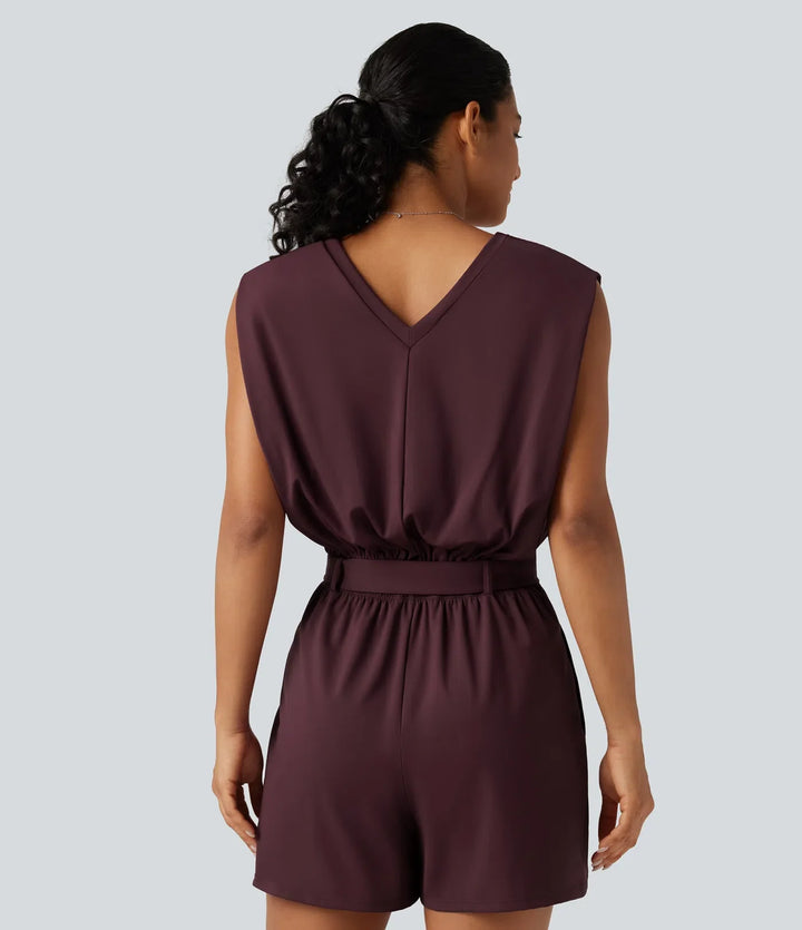 SoftlyZero Airy V Neck Sleeveless Belted InstantCool Casual Romper with Pockets-Easy Peezy Edition