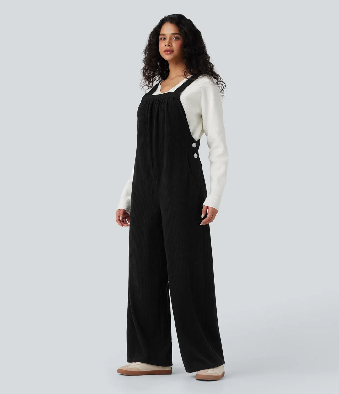 Ribbed Square Neck Casual Overalls with Pockets