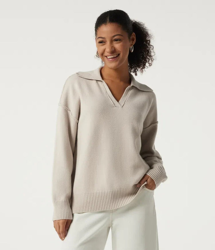 Polo Neck Long Sleeve Dropped Shoulder Casual Jumper
