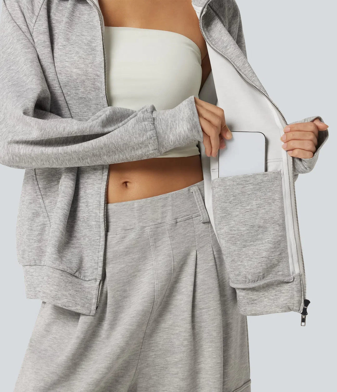 High Neck 2-Way Zipper Long Sleeve Thumb Hole Casual Jacket with Pockets
