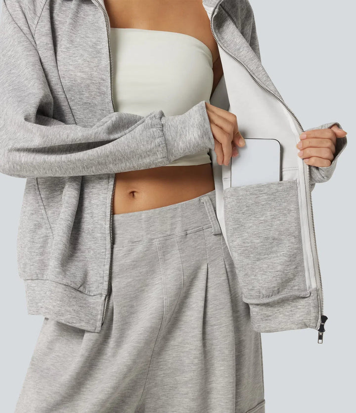 High Neck 2-Way Zipper Long Sleeve Thumb Hole Casual Jacket with Pockets