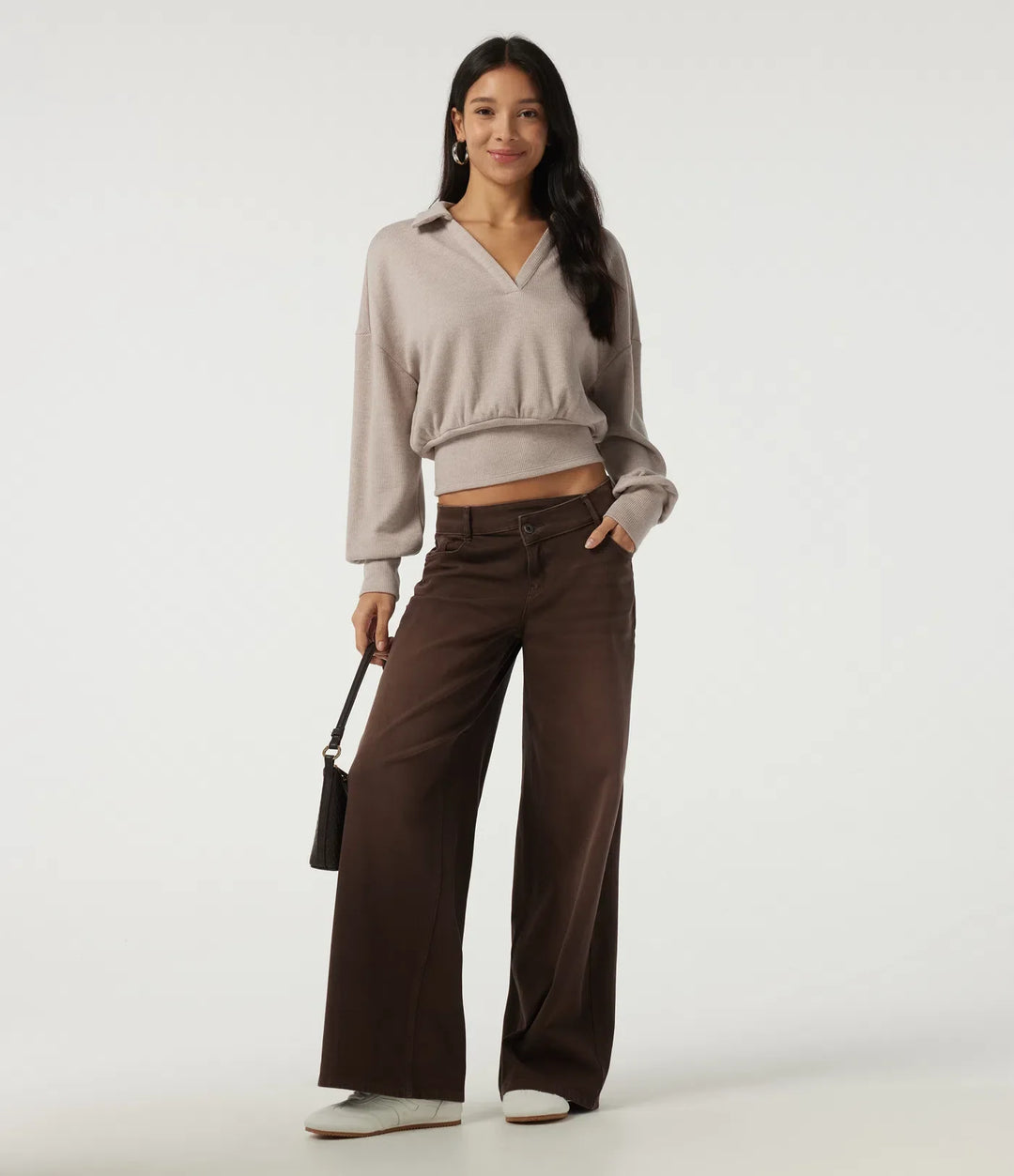 Ribbed Knit Lapel Long Sleeve Casual Top