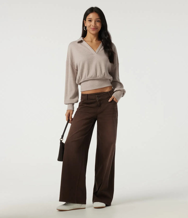 Ribbed Knit Lapel Long Sleeve Casual Top