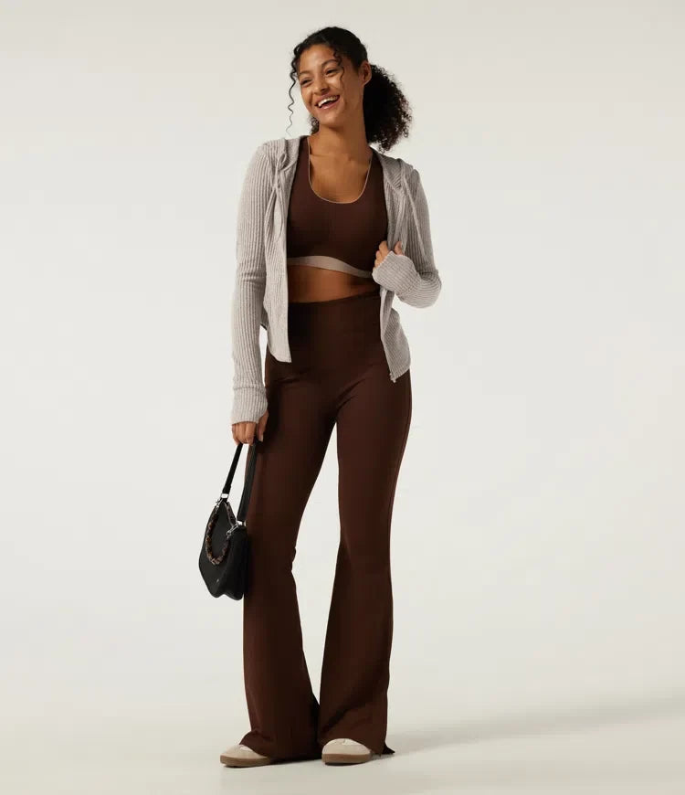 Ribbed Knit Hooded Long Sleeve Yoga Jacket with Pockets