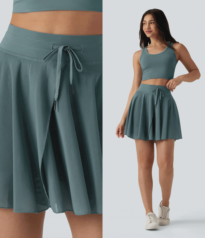 High Waisted Drawstring Contrast Mesh 2-in-1 Pocket Flowy Mini Flare Casual Skirt-Longer Length