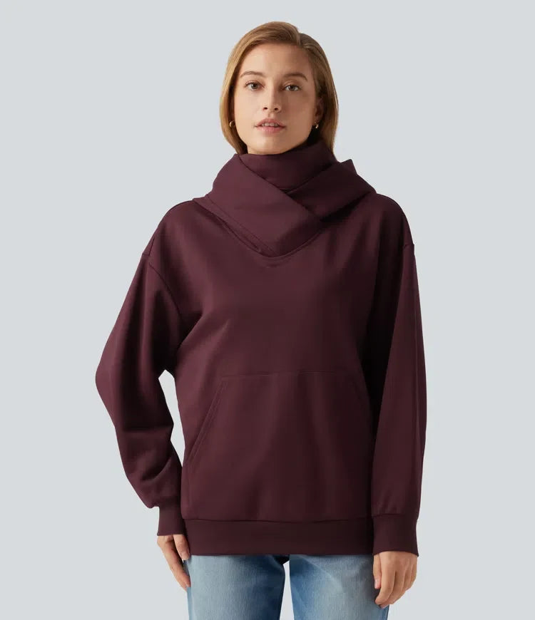 Hooded Crossover Dropped Long Sleeve Fleece Casual Sweatshirt with Pocket
