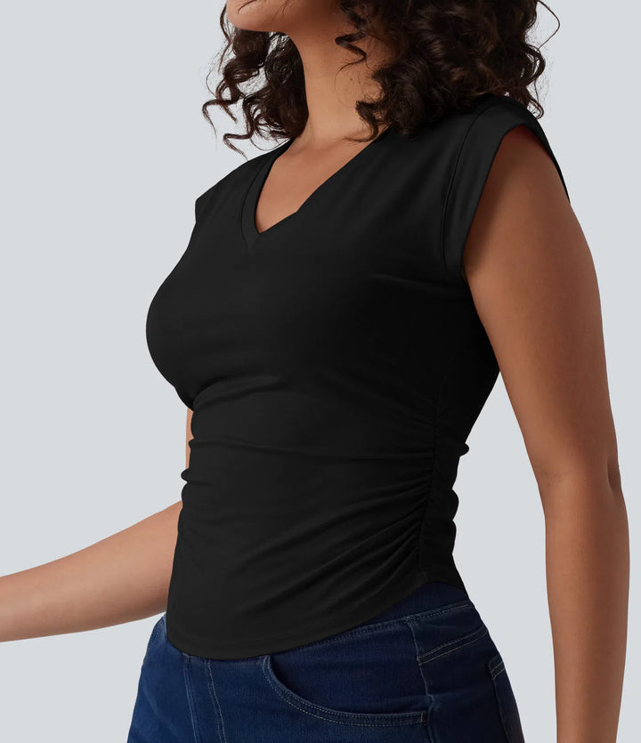 V Neck Cap Sleeve Curved Hem Ruched Casual T-Shirt