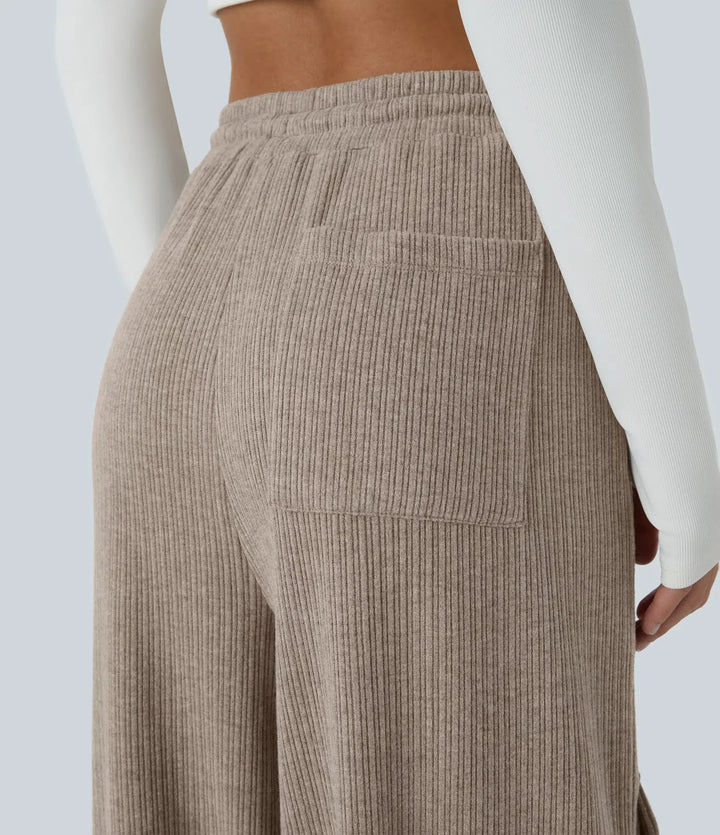 Ribbed Mid Rise Drawstring Pockets Wide Leg Cargo Casual Trousers
