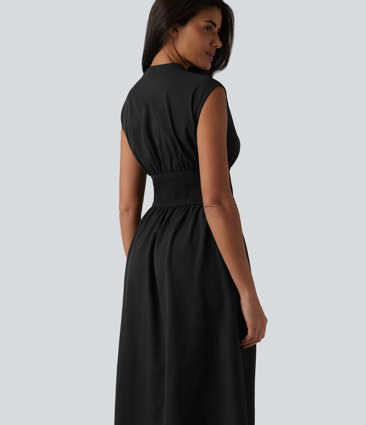 V Neck Sleeveless 2-Way Zipper Midi Work Dress with Pockets