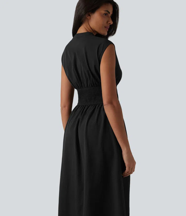 V Neck Sleeveless 2-Way Zipper Midi Work Dress with Pockets