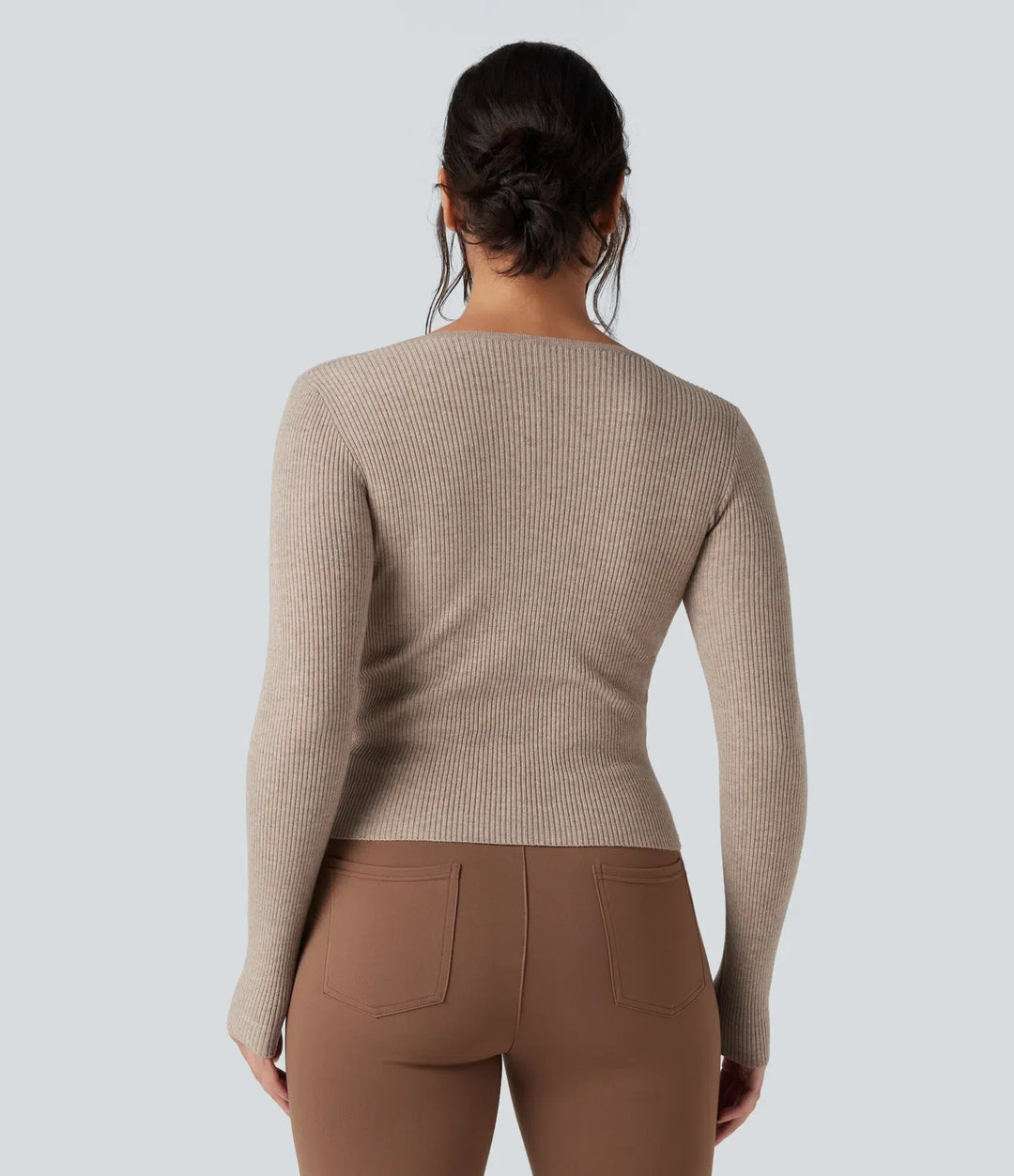 Ribbed Knit Sweetheart Neck Long Sleeve Work Jumper