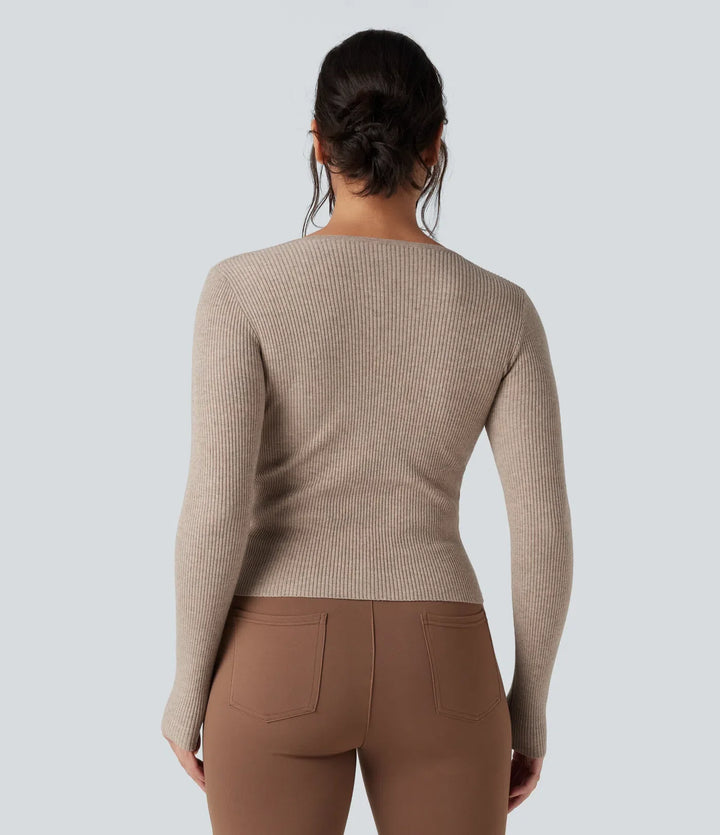 Ribbed Knit Sweetheart Neck Long Sleeve Work Jumper