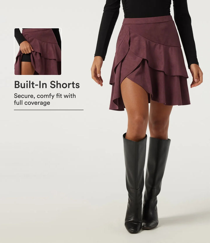 High Waisted Asymmetric Ruffle Hem Suede A-Line Casual Mini Skirt with Built-in Shorts and Pocket