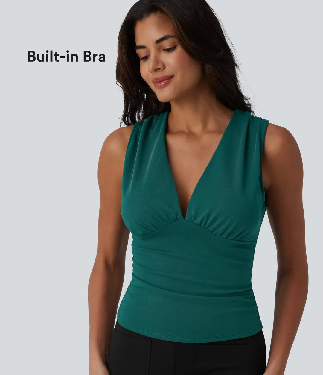 V Neck Ruched Built-in Bra Work Tank Top