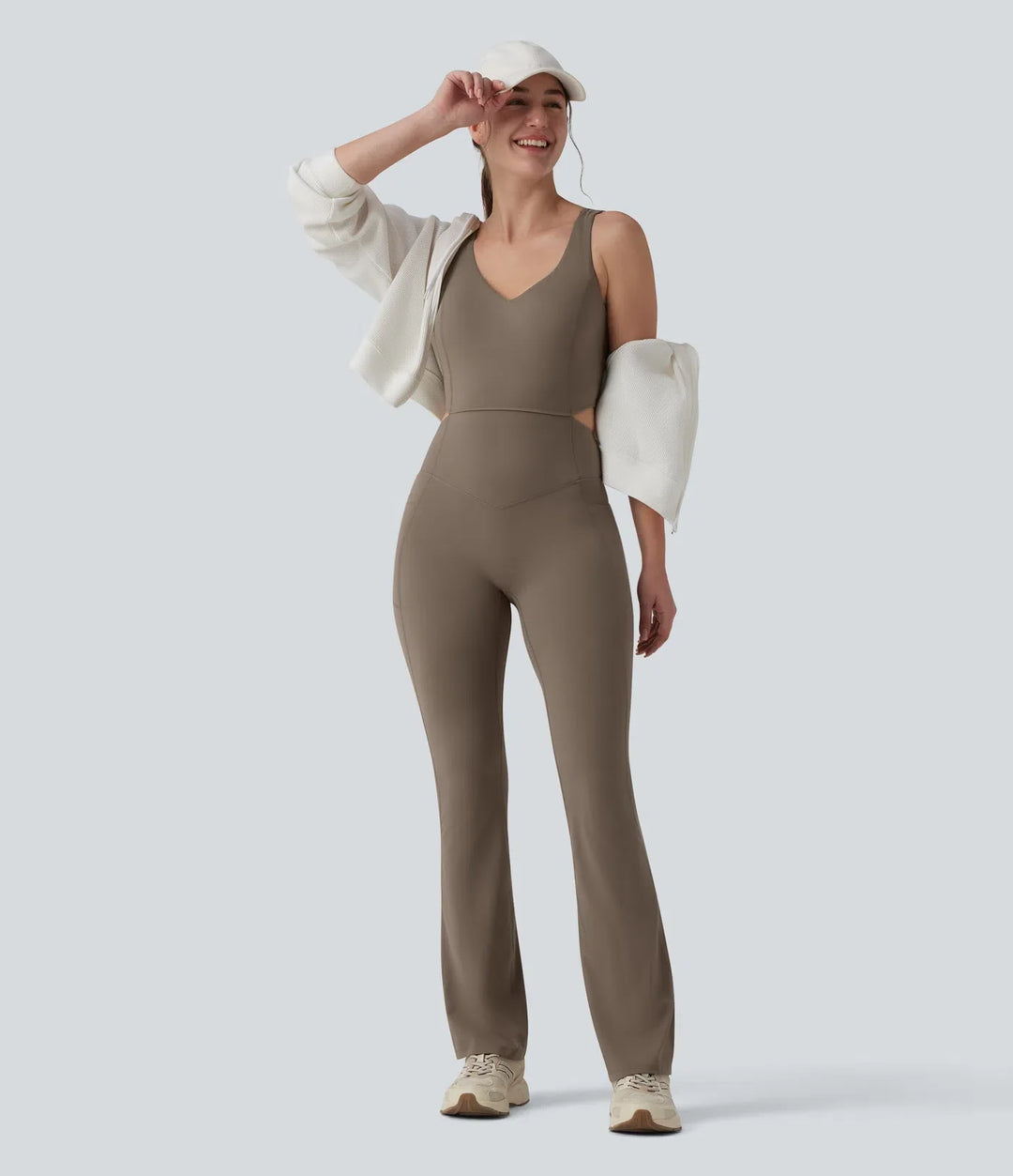 Halara UltraSculpt Crisscross Backless Tummy Control Butt Lifting Scrunch Non-Removable Pad Workout Flare Jumpsuit with Pockets-Easy Peezy