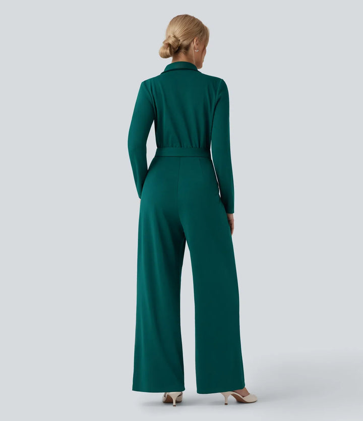 V-neck Long Sleeve Belted Jumpsuit with Pockets-Easy Peezy
