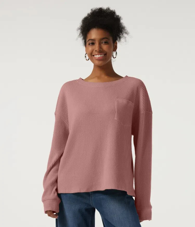 Round Neck Long Sleeve Dropped Waffle Casual Sweatshirt with Pocket