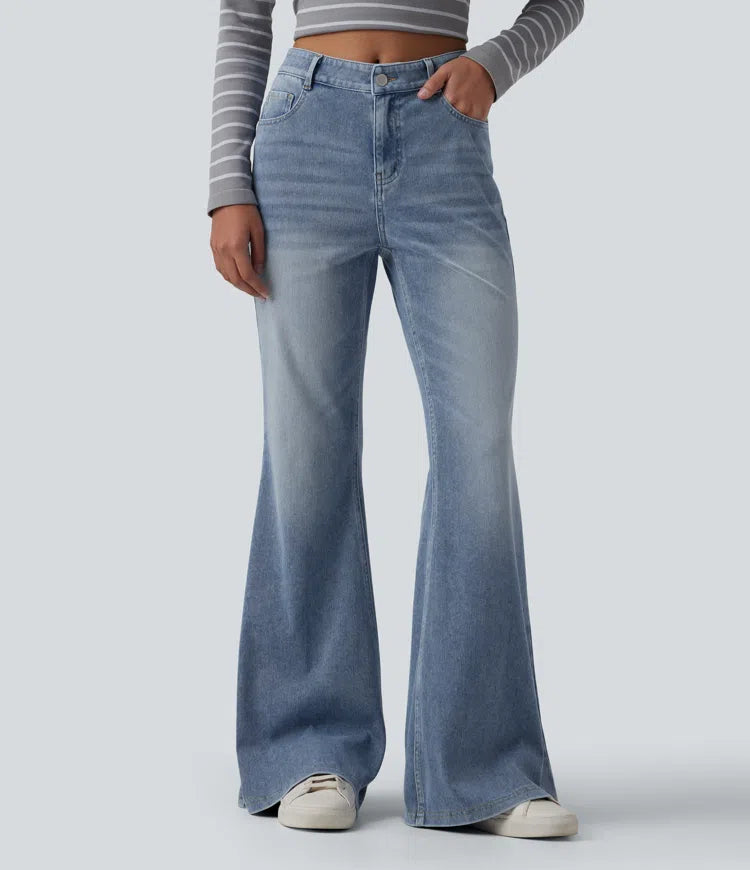 Halara Flex Mid Rise Washed Casual Flare Jeans with Pockets