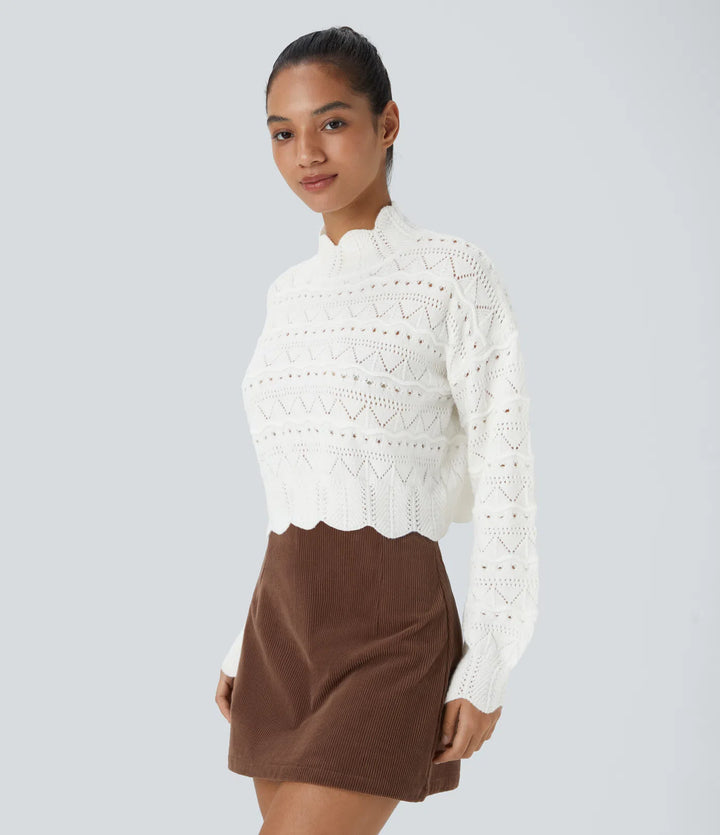 Mock Neck Bishop Sleeve Scallop Hem Open Knit Casual Jumper