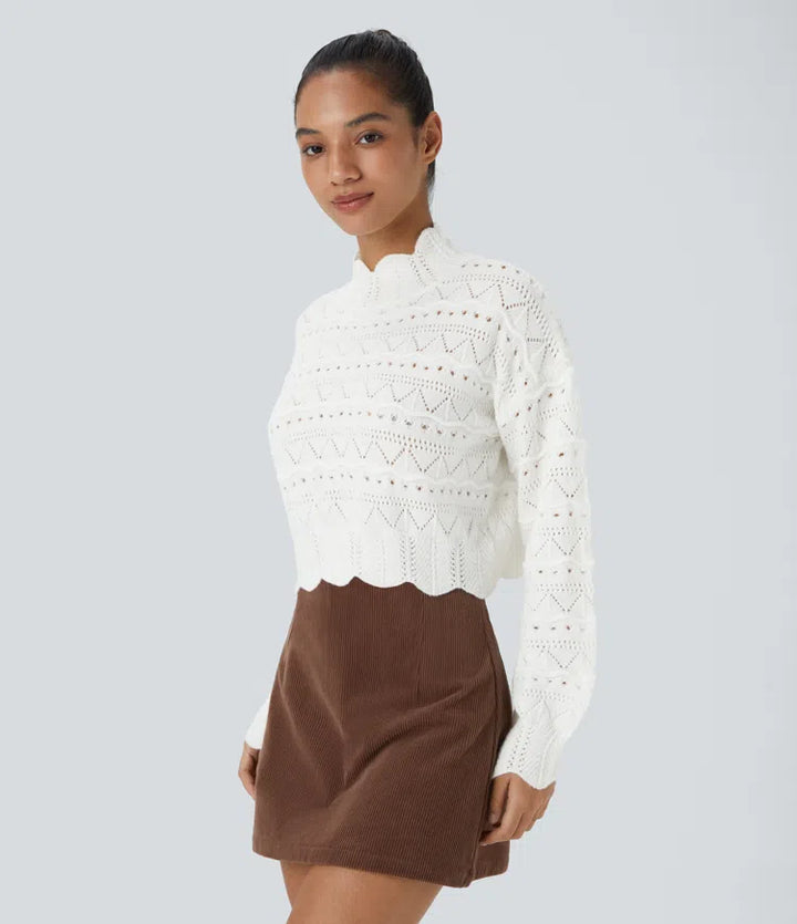 Mock Neck Bishop Sleeve Scallop Hem Open Knit Casual Jumper