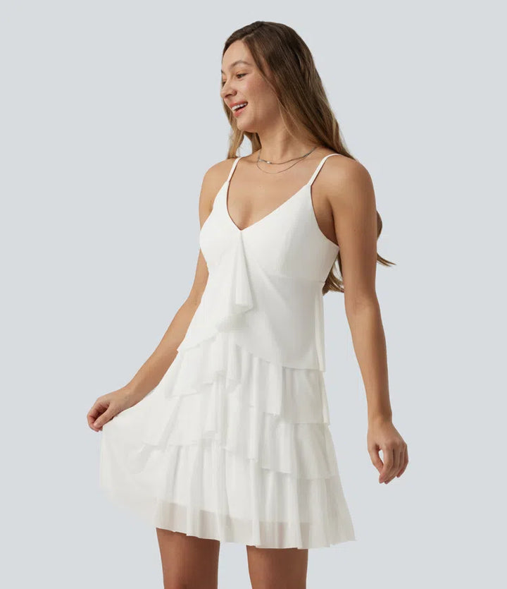 Crisscross Backless Mesh Overlay Built-in Bra Mini Casual Tiered Slip Dress with Pockets